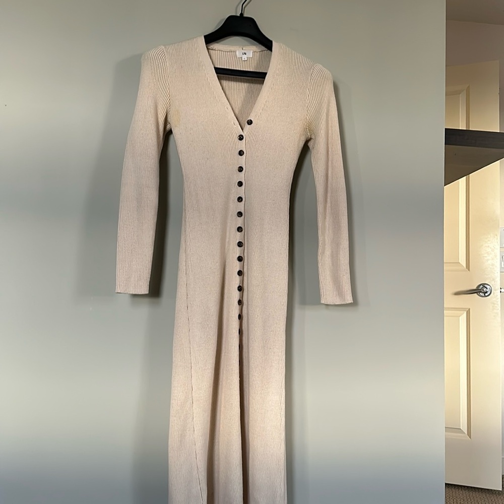 LPA Cream Ribbed Maxi Dress with Front Buttons